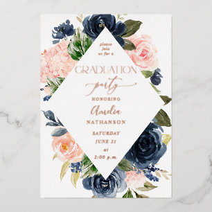 Navyblaue und rosafarbene Blumengratulationsparty Folieneinladung