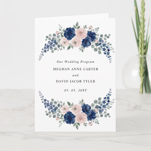 Navyblaue und rosafarbene moderne Hochzeit mit Blu Programm (Vorderseite)