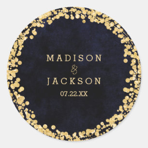 Navyblaue Wasserfarbe & Gold Monogramm Hochzeit Runder Aufkleber