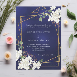 Navyblaue weiße Blumen Gold geometrische Hochzeit Einladung