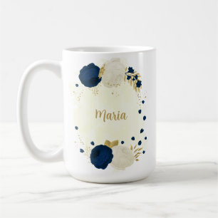 navyblaue & weiße Blumen goldene botanische Hochze Kaffeetasse