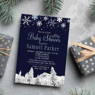 Navyblaue weiße Wunderland-Winter-Babyparty Einladung