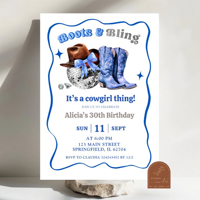 Navyblaue Weltraum-Cowgirl-Stiefel und Glitzer-Geb Einladung (Von Creator hochgeladen)