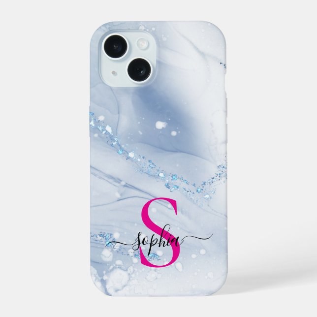 Navyblauer Marmor Gold Glitter Monogramm iPhone 15 Hülle (Rückseite)