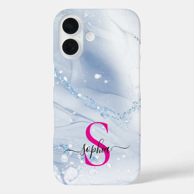 Navyblauer Marmor Gold Glitter Monogramm iPhone 16 Hülle (Rückseite)
