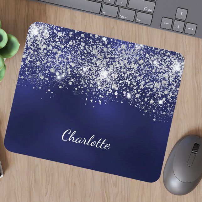 Navyblauer silberner Glitter-Monogramm-Name in Sch Mousepad (Von Creator hochgeladen)