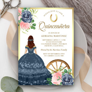 Navyblaues Blumenkleid Charro Gold Quinceanera Einladung