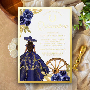 Navyblaues Blumenkleid Charro Quinceanera Gold Folieneinladung