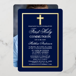 Navyblaues First Holy Communion Foto Kreuz Gold Folieneinladung