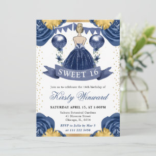 Navyblaues Kleid Blondhaarige Prinzessin Sweet 16 Einladung