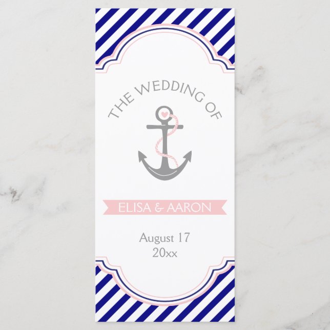 Navyblaues, rosa nautisches Hochzeitsprogramm Programm (Vorderseite)