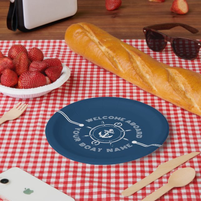 Navyblaues und weißes Steuerrad mit weißem Schiffs Pappteller (Picknick)