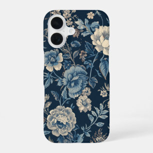 Navyblaues vintage-blumiges botanisches Muster iPhone 16 Hülle