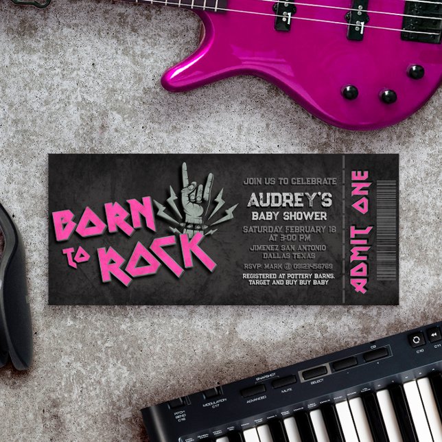 Né à Rock - Invitation de Baby shower fille (Born to Rock - Girl Baby Shower Ticket Invitation)