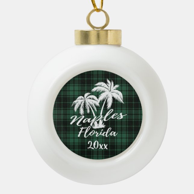 Neapel Florida Palm Tree Green Kariert Keramik Kugel-Ornament (Vorderseite)