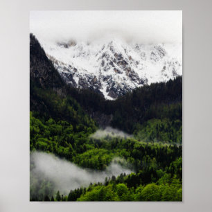 Nebel, der durch den Wald unter den Bergen zieht Poster