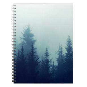 Nebel in Pinienwald auf den Berghängen. Farbe Notizblock