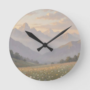 Nebelberg-Wildblumenwiese-Sonnenaufgangslandschaft Runde Wanduhr