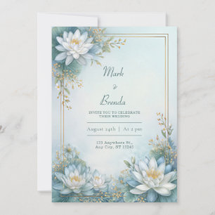 Nebelblaue Wasserlilien-Goldrahmen-Hochzeit Einladung