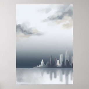 Nebelgraues Wasserfront-Stadt-Skyline-Poster Poster