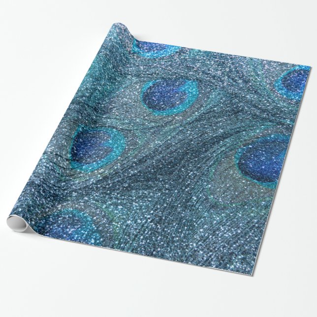 nebelhafte blaue Glitterpfaufedern Geschenkpapier (Ungerollt)