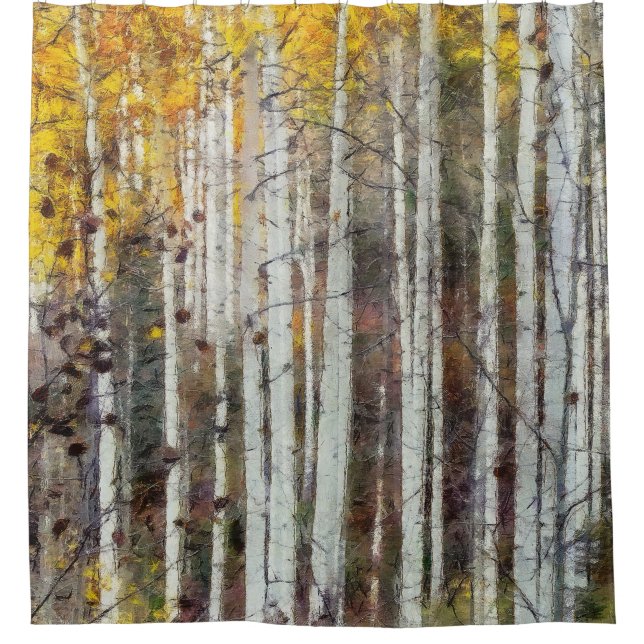Nebelhafter Birken-Wald Duschvorhang (Vorderseite)