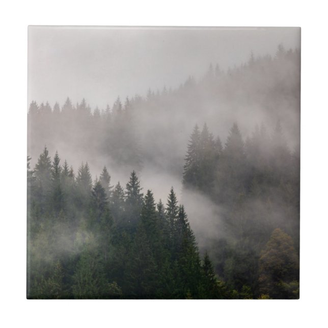 Nebelhafter Wald in den Bergen Fliese (Vorderseite)