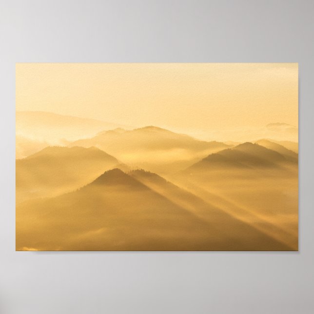 Nebelhügel morgens Sonnenaufgang Poster (Vorne)