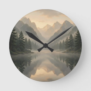 Nebeliger Bergsee-Kiefernwald-Sonnenaufgang Runde Wanduhr