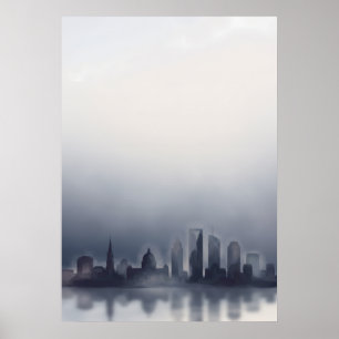 Nebeliger dunkler moderner Stadt-Skyline-Wasserfar Poster