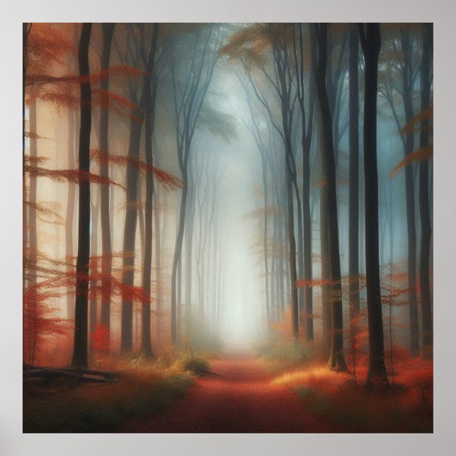 Nebeliger Herbstwaldposter, farbenfroher Baum Poster (Vorne)