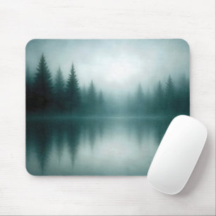 Nebeliger Kiefernbaum spiegelt sich im Seewasser Mousepad