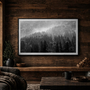 Nebeliger Kiefernwald Schwarz-Weiß-Landschaft Poster