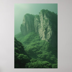Nebeliger Majestät: Ruhige Bergwaldlandschaft Poster