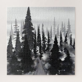 Nebeliger monochromer Kiefernwald-Aquarell-Kunst-D