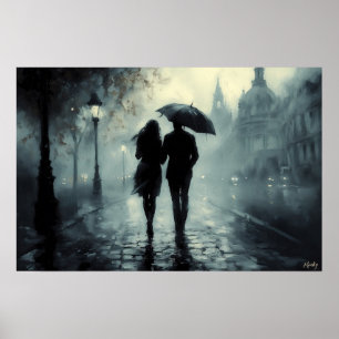 Nebeliger romantischer Nachtspaziergang in der Reg Poster
