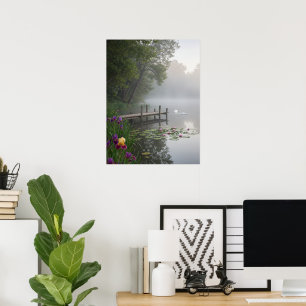 Nebeliger Seerosenteich mit Schwänen Naturkunst Poster