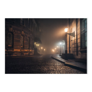 Nebeliger viktorianischer Kopfsteinpflaster-Gasse- Fotodruck