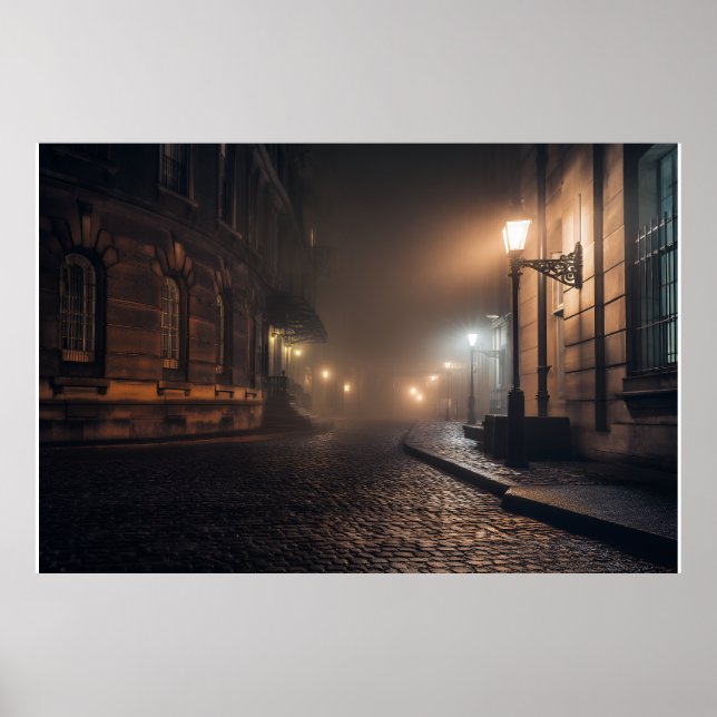 Nebeliger viktorianischer Kopfsteinpflaster-Gasse- Poster (Vorne)