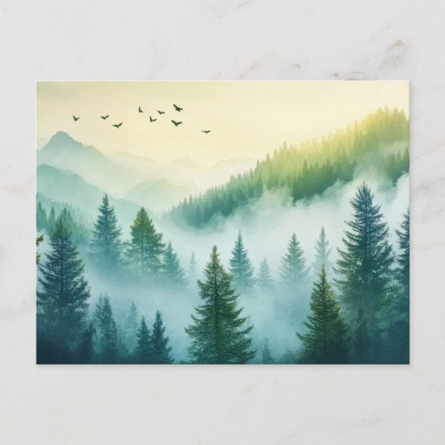 Nebeliger Wald Postkarte (Vorderseite)