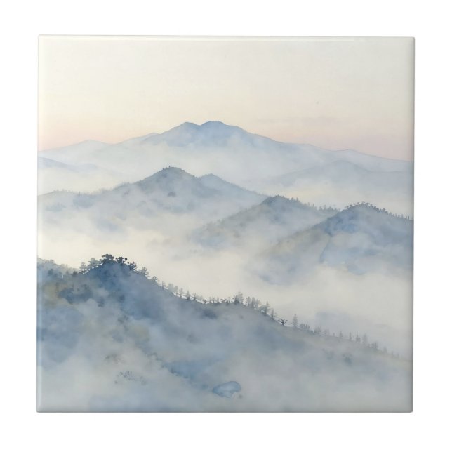 Nebeliger Wasserfarben-Landschaft Gebirge Fliese (Vorderseite)