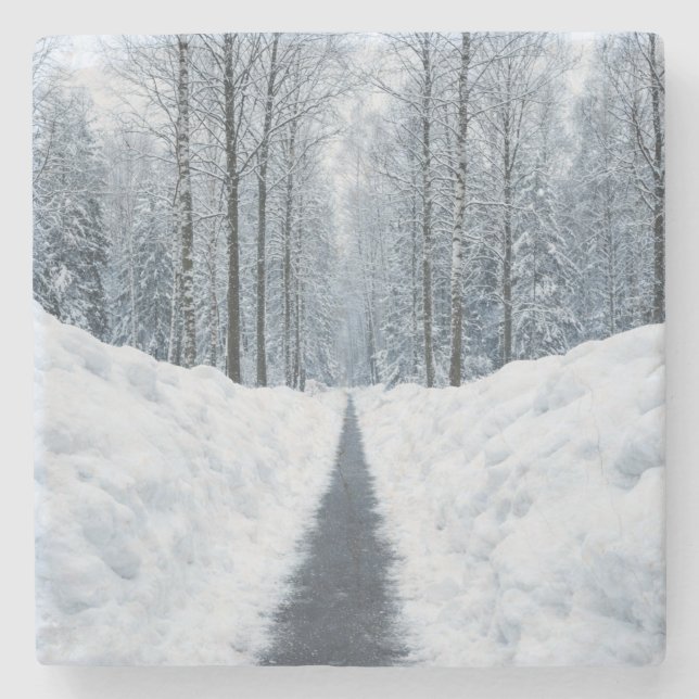 Nebeliger Winterwaldweg Winterlandschaft Steinuntersetzer (Vorderseite)