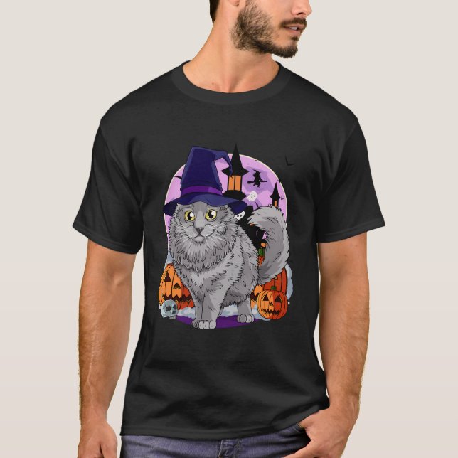 Nebelung Cat Niedlich Halloween Hexenkürbis T-Shirt (Vorderseite)