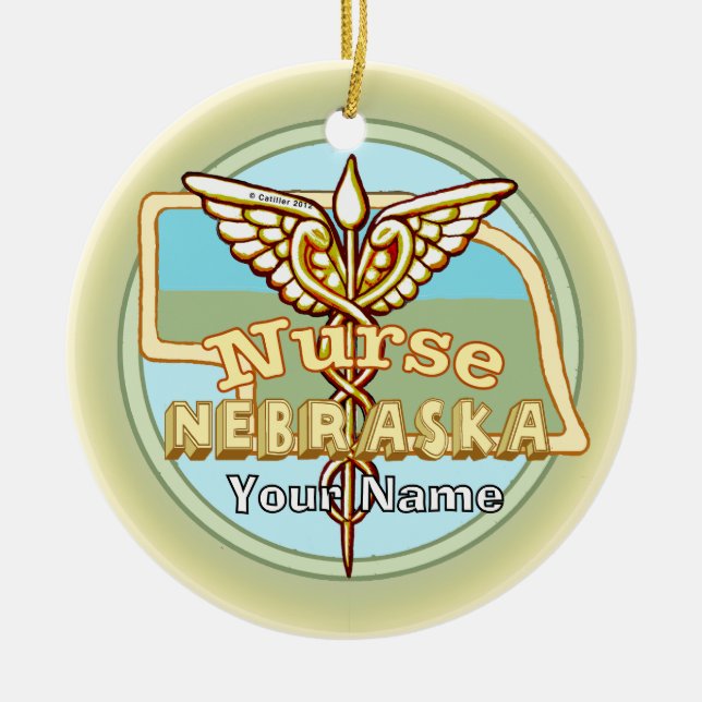 Nebraska Nurse Caduceus Keramik Ornament (Vorne)