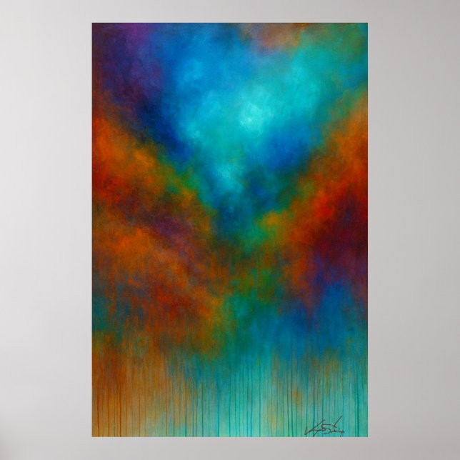 Nebula Cascade - Cyan and Crimson Abstract Drip Poster (Vorne)