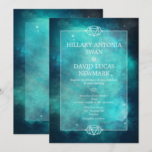 Nebula turquoise et Faire-part de mariage Chakra (Devant / Derrière)