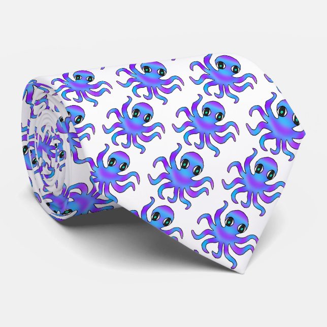 Neck Tie (weiß) - Blauer violetter Oktopus Krawatte (Gerollt)
