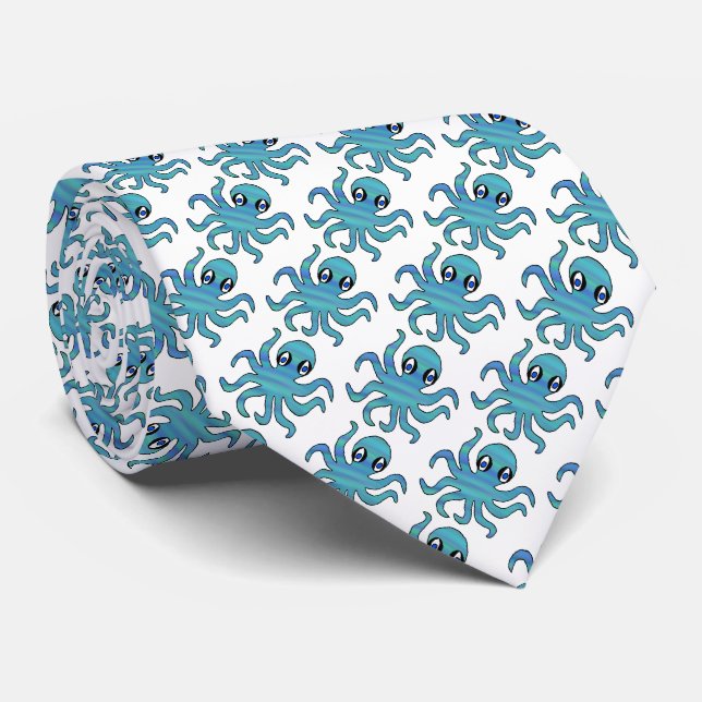 Neck Tie (weiß) - Blue Green Octopus Krawatte (Gerollt)