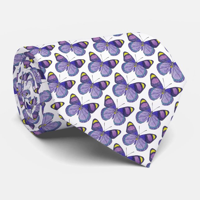 Neck Tie (weiß) - Lila Schmetterling Krawatte (Gerollt)