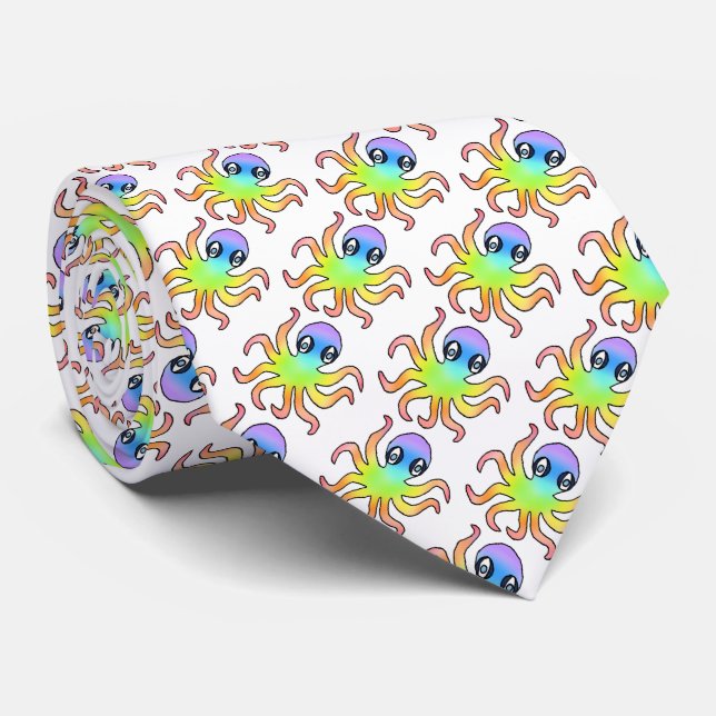 Neck Tie (weiß) - Regenbogen Octopus Krawatte (Gerollt)